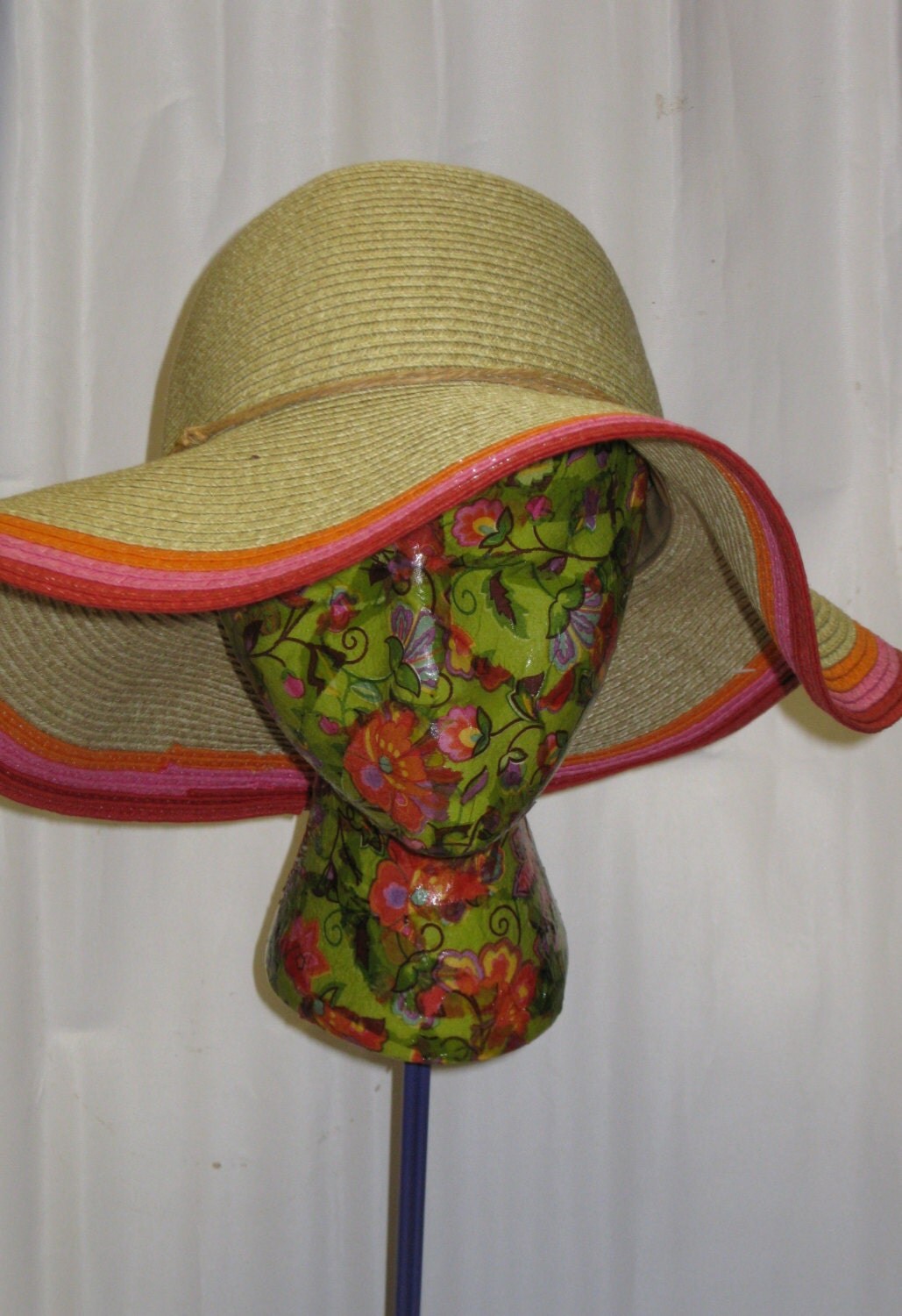 Cool Decoupage Styrofoam head on painted purple stand. Flower