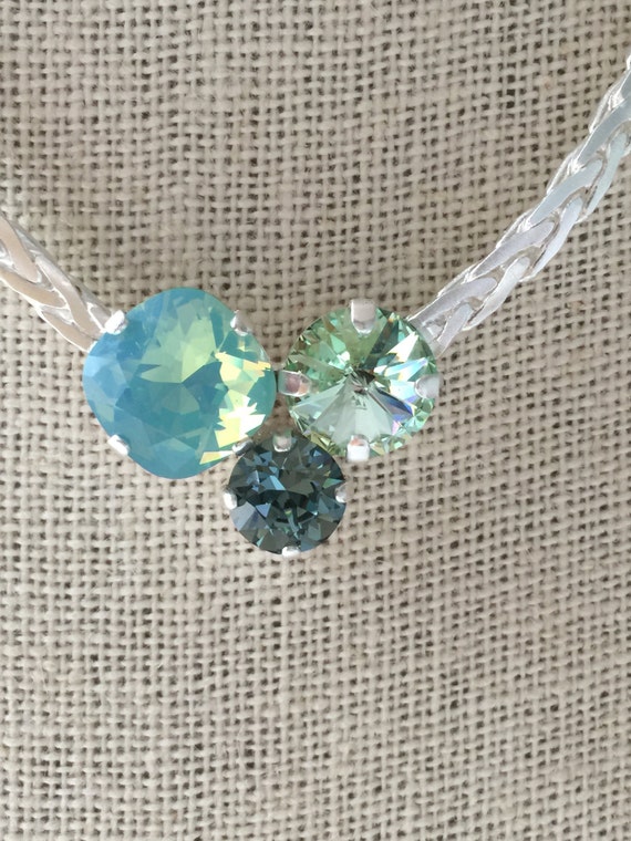 Matte Silve SALE ** Swarovski Trio Crystal Necklace, Pacific Opal Crystal Necklace, Chrysolite Crystal Necklace, Green Crystal Necklace