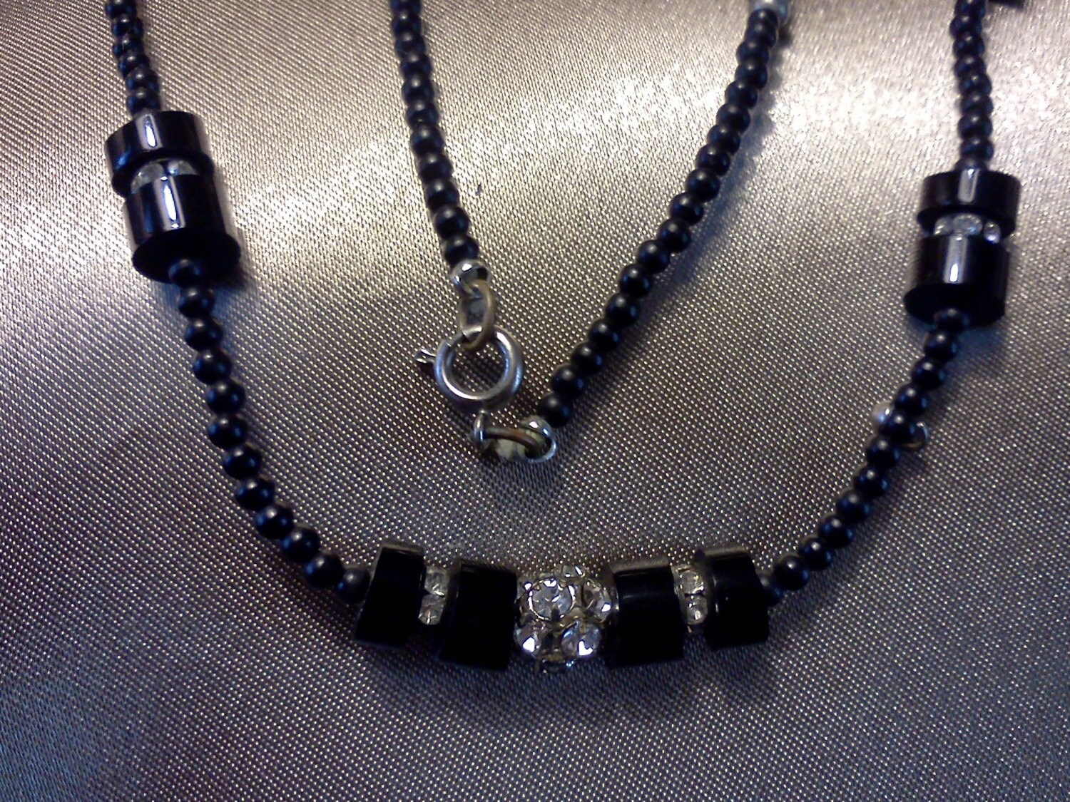 Single Strand Black Lucite & Rhinestone Necklace by loukin65