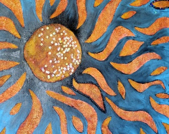 Beaded Rays - Original Mixed Media Acrylic Painting and Beaded Collage