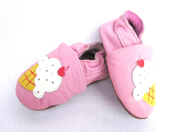 Soft Pink Leather baby shoes with Vanilla Ice Cream Cone in