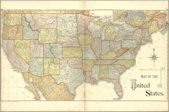 24x36 Poster Map Of The United States Of America 1885 