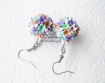 Ball earrings, Lilac flowers, hand made, polymer clay, syringa