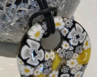 Yellow black and white millefiore bead glass necklace