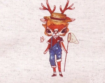 Deer Fabric,Hand Printed Fabric,Deer Catching Butterflies,One Panel 6"x 6" (15cm X 16cm) C12c