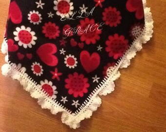 Custom Embroided Fleece baby blanket with crocheted edging.