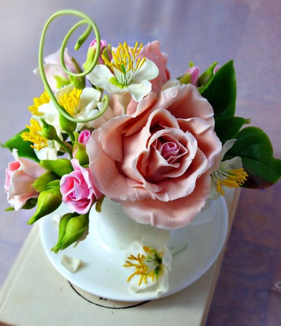 Flowers in a cup Arkansas cold porcelain clay by ColdPorcelaine