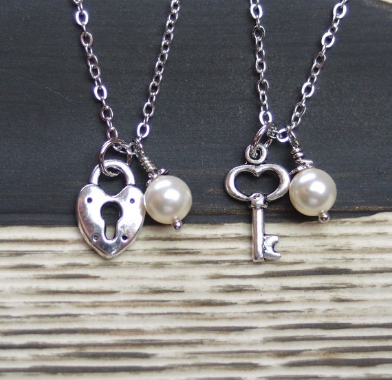 2 Best Friends lock and key necklaces Swarovski cream pearl