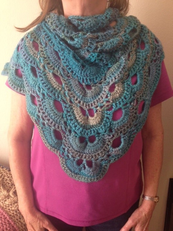 Triangle Scalloped shawl scarf blue multicolor crochet