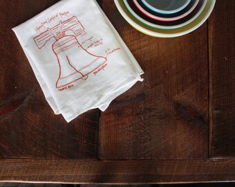 Liberty Bell diagram tea towel - white cotton floursack kitchen towel