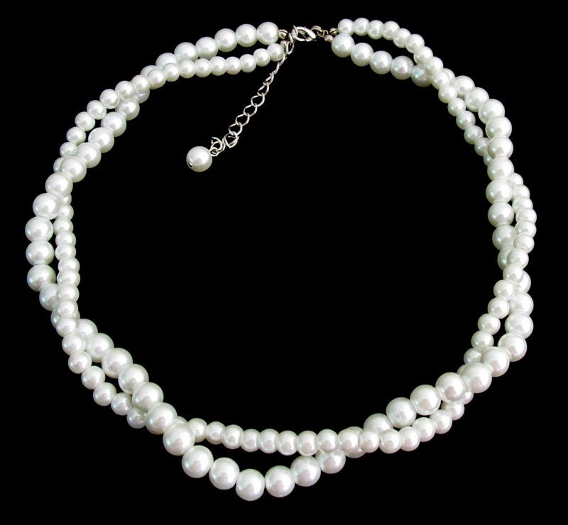 White Pearl Twisted Necklace Double Strand Necklace Wedding
