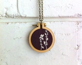 Hand Embroidered Necklace or Brooch. Nature. Leaves. Silhouette. Brown. Cream. Mini hoop frame.