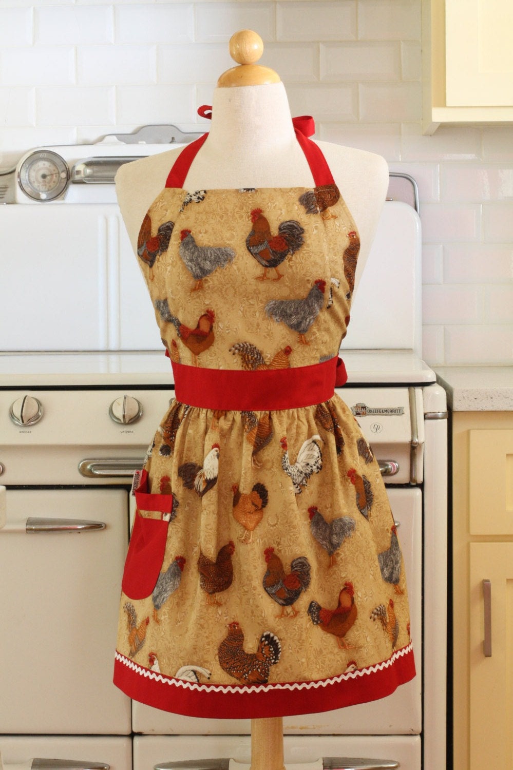 Retro Apron Chickens Roosters with Red CHLOE