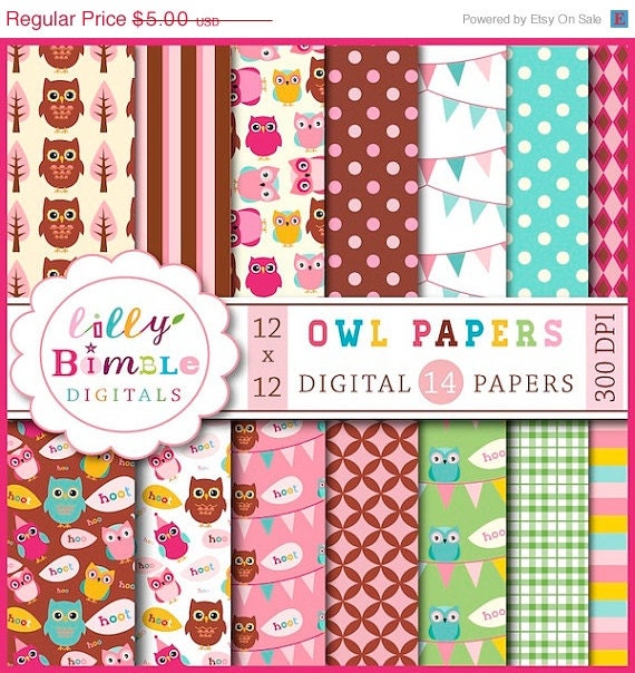 50% off OWL digital papers pink, brown, teal scrapbooking paper packs, Birthday Owls printable DIGITAL DOWNLOAD Il_570xn
