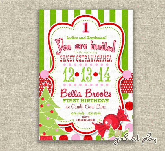 Birthday FIRST Christmas Invitation Candy Cane Green White Stripes Polka Dots Printable - by girlsatplay girls at play Il_570xn