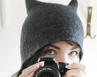 Dark Gray Beetle Hat -- Hand Felted Wool -- Size Medium