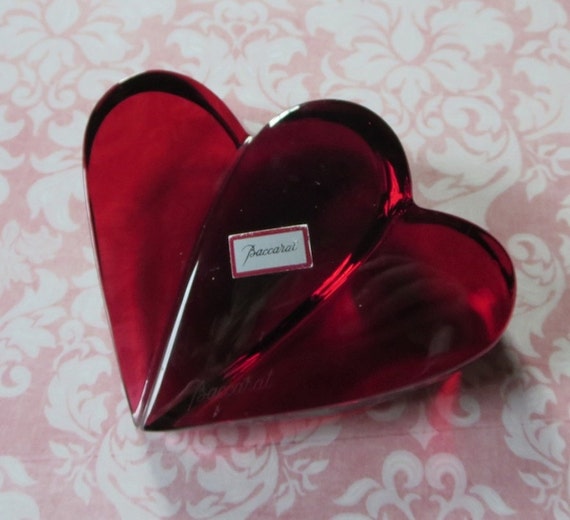 Vintage Baccarat Red Crystal Double Heart PaperweightWith