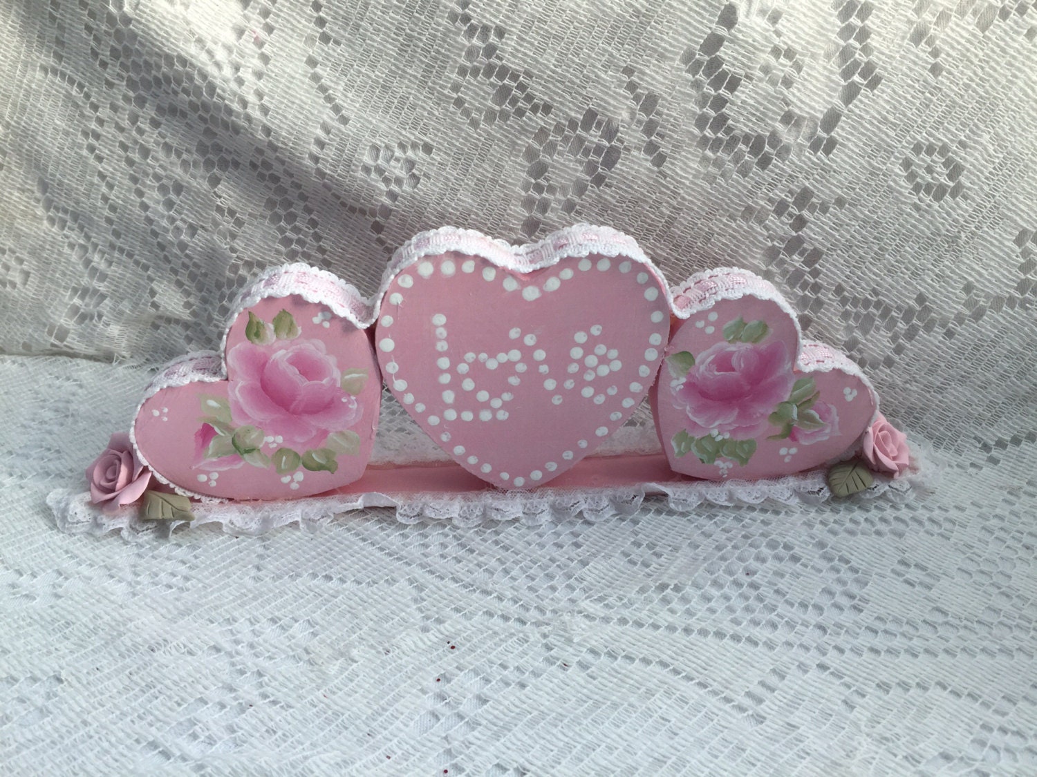3 Heart LOVE Plaque Shelf Sitter Shabby Chic Hand Painted