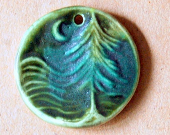 1 Handmade Ceramic Bead - Moon over Cedars bead in Deep Moss Green