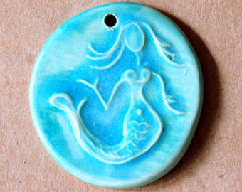 1 Handmade Ceramic Bead - Mermaid bead in Light and Bright Aqua Teal