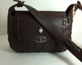 Vintage hancrafted brown leather purse /handbag / turquoise