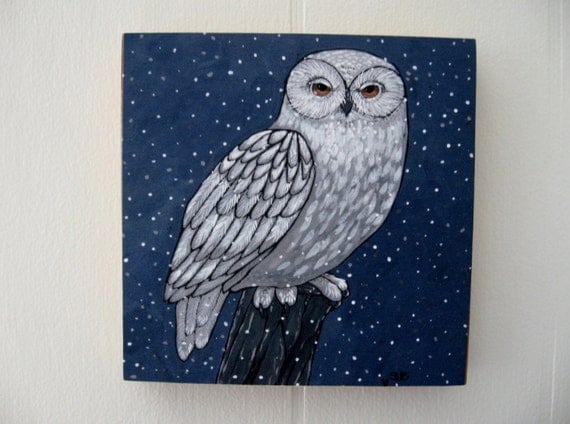 Art Print Mounted on Wood 5x5 Owl Woodland Snowy Owl