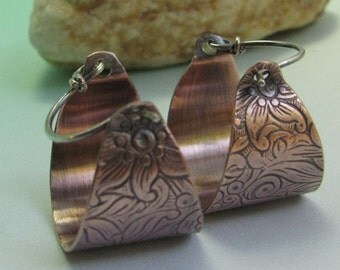 Small Copper Hoop Earrings Flower Pattern Sterling Silver And Copper Earrings, Mixed Metal Contemporary Basket Hoops, Copper Jewelry