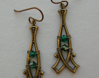 Brass Point Earrings with Emerald Green Crystals -- Double Point Brass Frame Earrings -- Swarovski Crystals in Antique Brass Scroll Frame