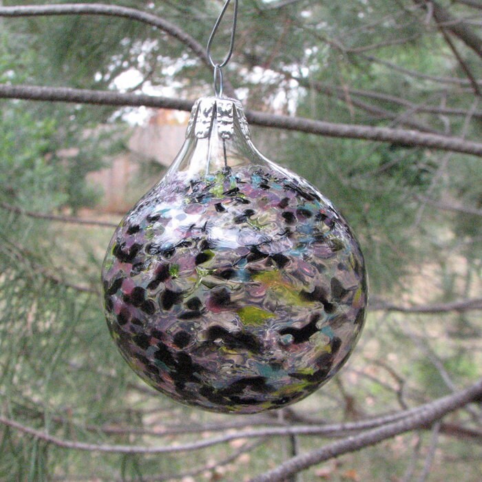 Handblown Glass Ornament in Black, Turquoise, Lime & Pink. Hang as a Suncatcher year-round. Makes a great gift. Handmade in TX.