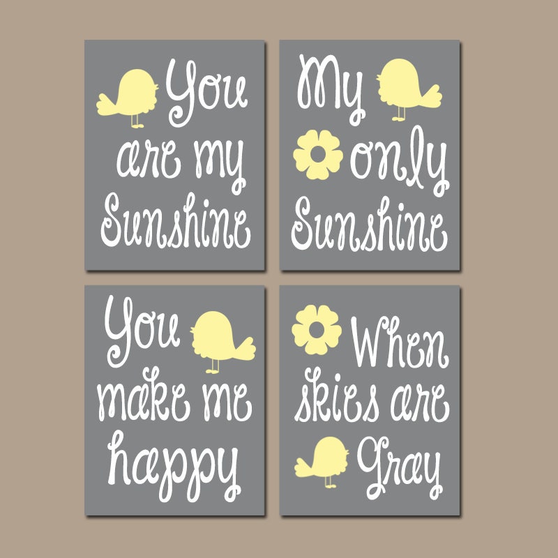 YELLOW GRAY Bird Nursery You Are My Sunshine Wall Art