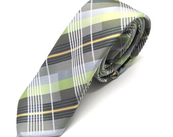 Mens Tie. Green and Gray Plaid Skinny Necktie