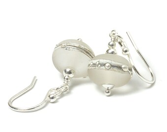 White Earrings | Silvered Glass Frosted White Earrings | Lampwork Glass and Sterling Silver Earrings | UK