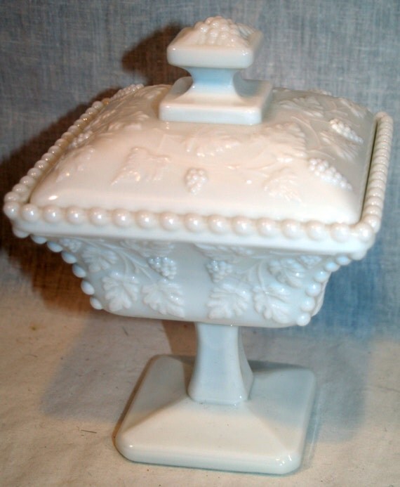 Westmoreland Covered Grapes White Milk Glass Pedestal Candy