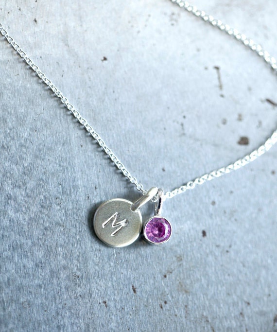 Items similar to Sterling Tiny Initial Birthstone Necklace, Silver ...