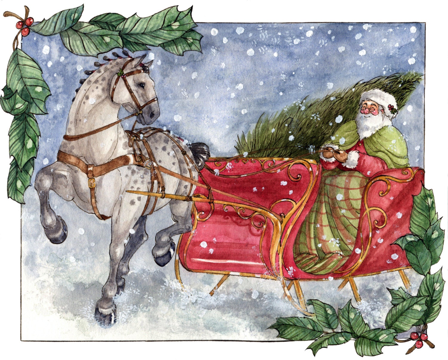 Santa S Sleigh Original Watercolor Painting Original Art   Il Fullxfull.664113163 S90c 