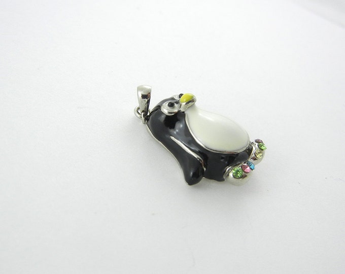 Little Black and White Penguin Pendant Multi Colored Rhinestone Feet