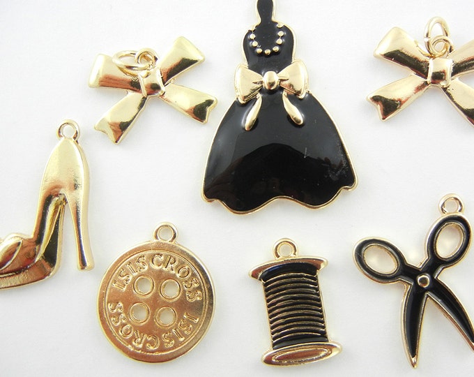 Set of 7 Fashion Themed Charms Gold-tone Black Epoxy