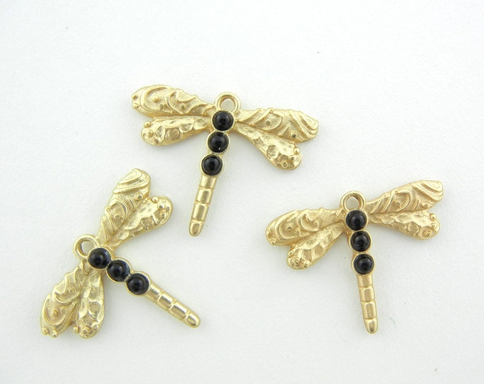 Set of 3 Matte Gold-tone Dragonfly Charms with Acrylic Black Cabochons