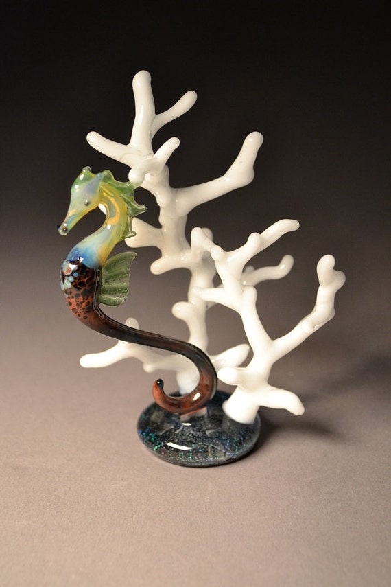 Glass Sculpture of Sea Horse and Coral