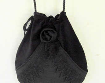 Black Lace And Velvet Pocket Boho Bag Black Rose Steampunk Drawstring Bag Black Forest Mori Bag Crossbody Purse