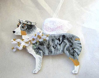 Hand-Painted AUSTRALIAN SHEPHERD Blue Merle Feathered Wing Angel Wood Ornament