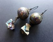 Acosmist. Textured iridescent polymer earrings with rainbow titanium pyrite.