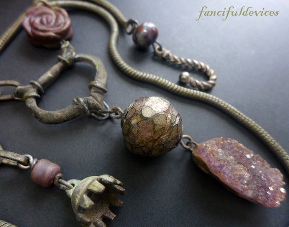 Toska. Chunky rustic assemblage necklace with druzy amethyst, tourmaline and archeological find. Violet lavender lilac.