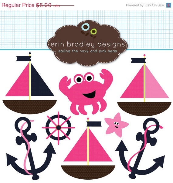 50% OFF SALE Girls Sailboat Digital Clipart Graphics Anchors Boat Starfish Crap & Ship Wheel Commercial Use Clip Art in Preppy Pink and Navy Il_570xn