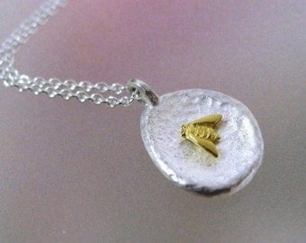 Bee Necklace, Tiny Bumble Bee Necklace, Bee Pendant, Bee Jewelry, Sterling Silver, 18k Gold Bee, Bee Charm, Made to Order