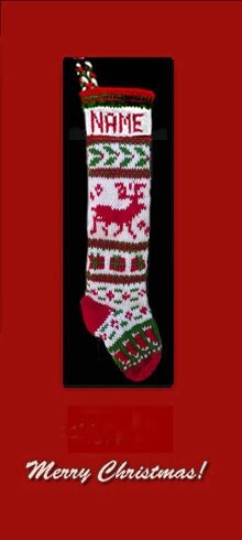 Hand knit Christmas stocking, Personalized, made of pure wool yarn, fully lined -- booties, gift box, wreath and reindeer