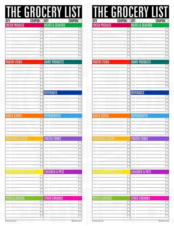 the grocery list standard printable pdf file instant