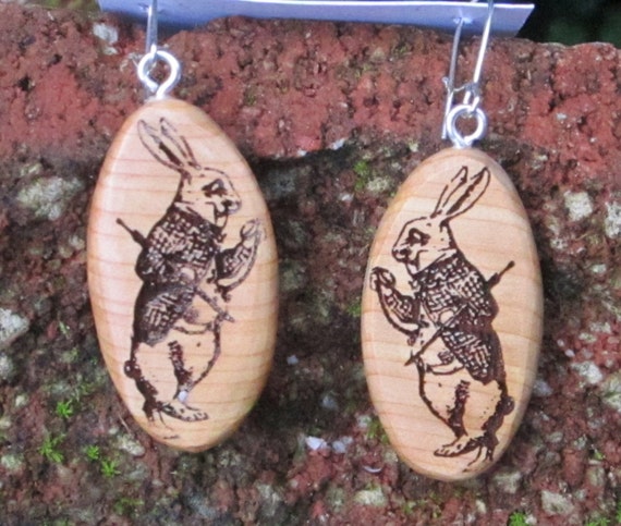 Wood Wonderland Earrings- withWhite Rabbit- in Juniper Wood  (051)- Wooden Jewelry, Boho Jewelry