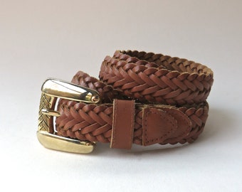 80s vintage Chic Sienna Brown Woven Leather Belt with Gold Metal Buckle