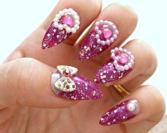 Stiletto nails, gyaru, hime, purple nail, bows, heart, acrylic nail, press on nails, Japanese 3D nails, hime gyaru style, pointy nails
